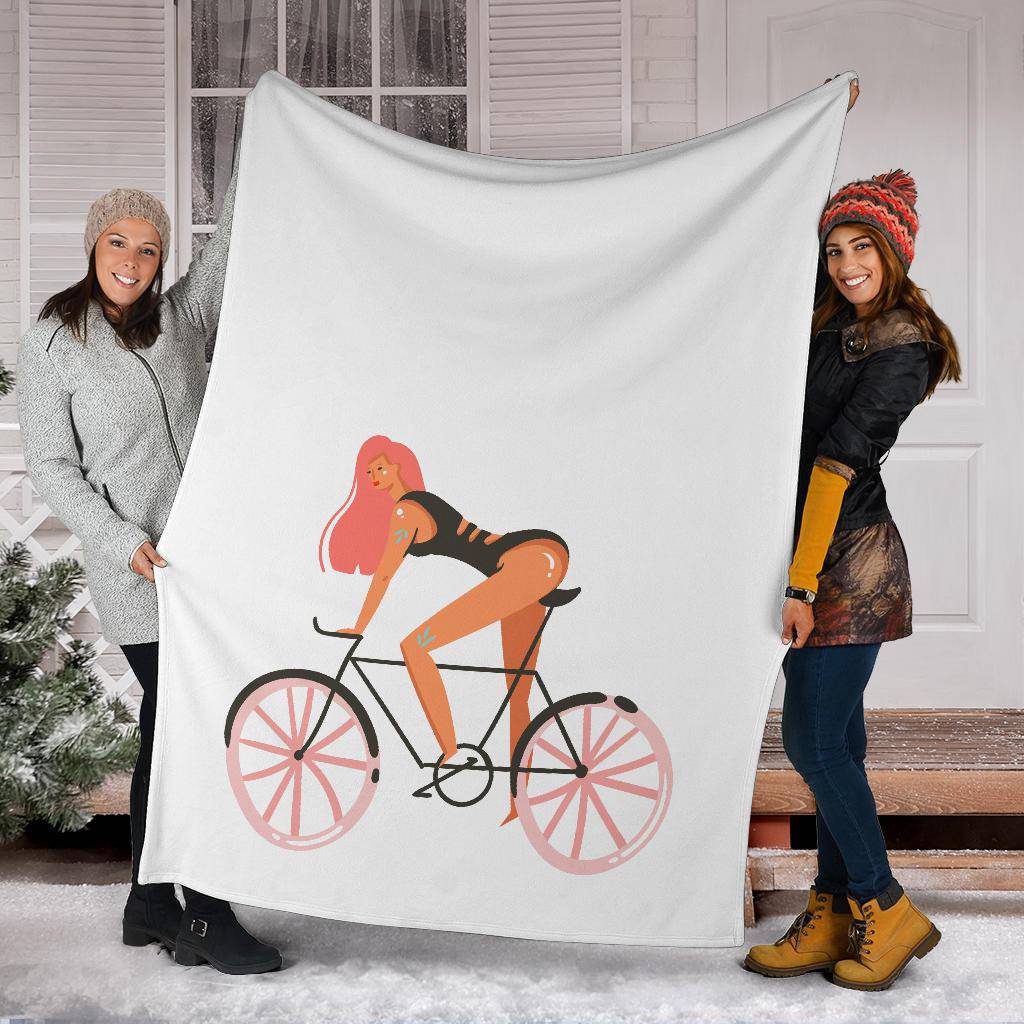 Hand Drawn Cartoon Girl with Bicycle Summer Vibes Premium Blanket - Top Content | POD Collection | Free Shipping