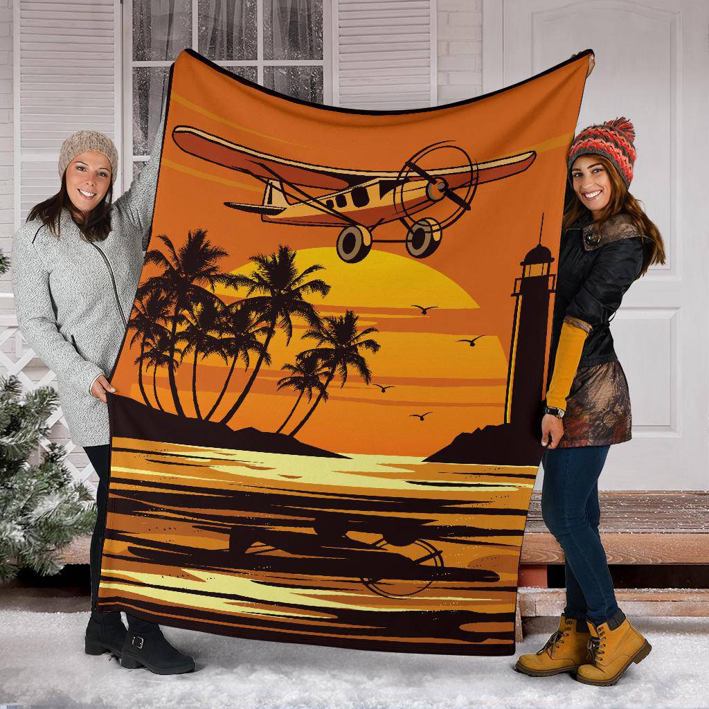 Flying Plane Beach Cartoon Premium Blanket - Top Content | POD Collection | Free Shipping