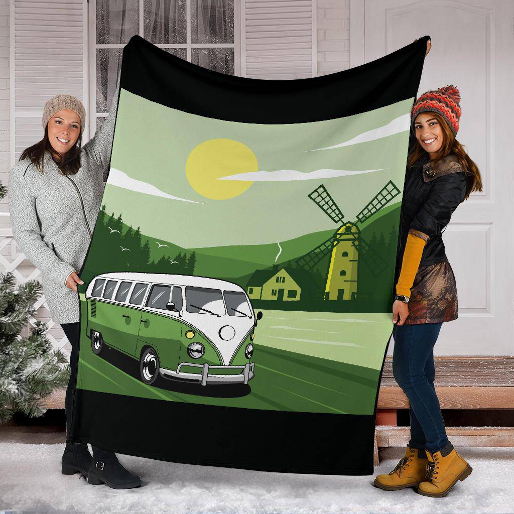 Green Van Windmill Cartoon Premium Blanket - Top Content | POD Collection | Free Shipping