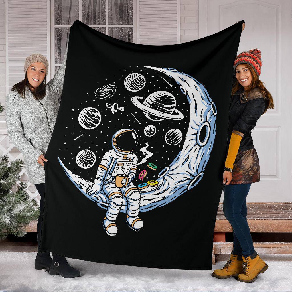 Premium Blanket Moon Astronaut Drinking Coffee And Eating Doughnuts - Top Content | POD Collection | Free Shipping