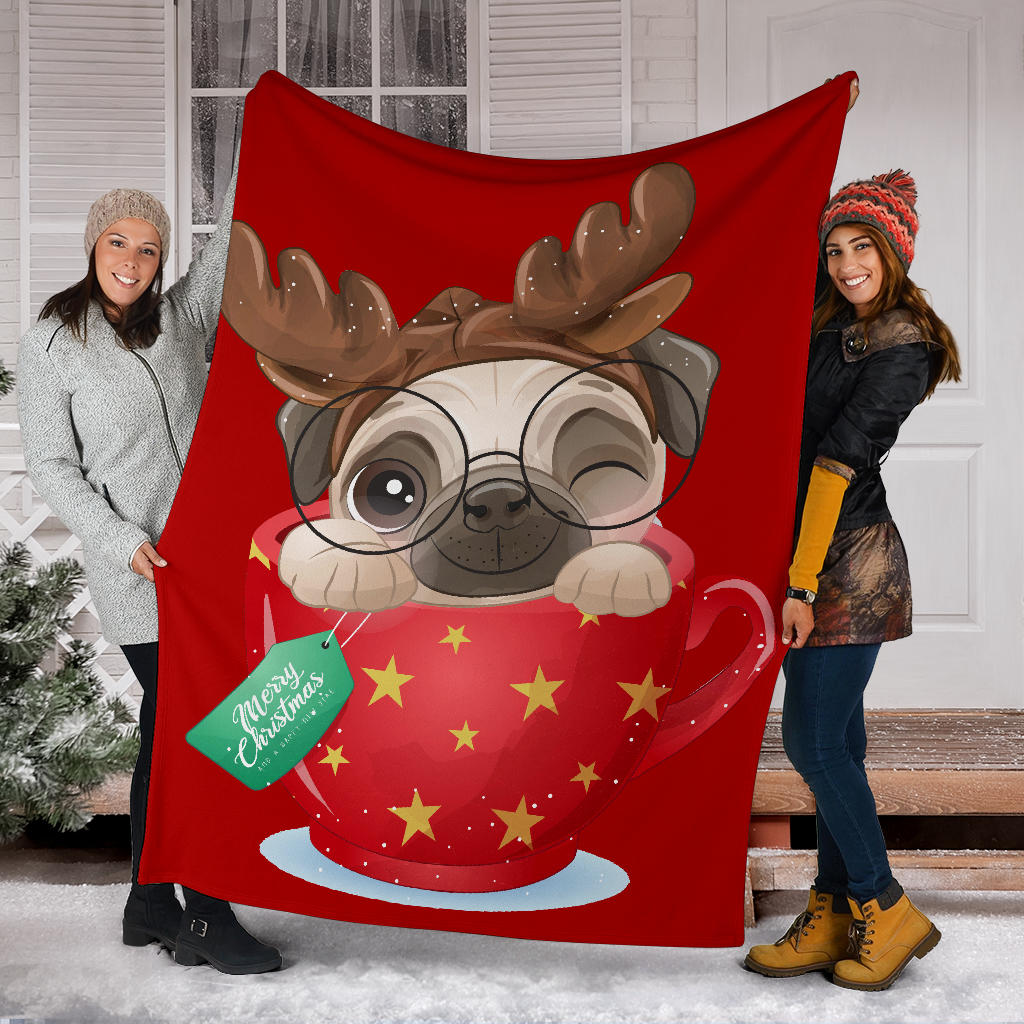 cute doodle pug christmas day with red watercolor blanket - Top Content | POD Collection | Free Shipping