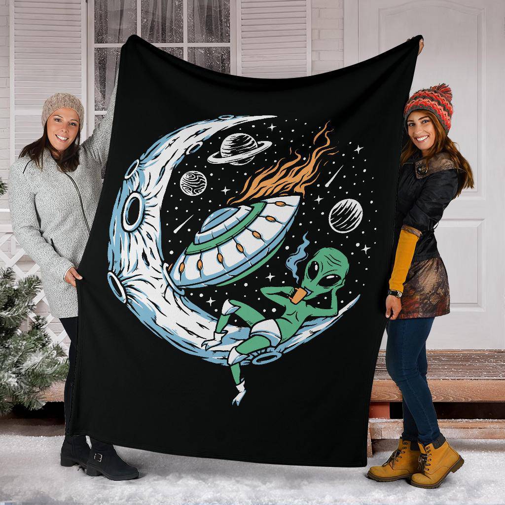 Alien Drinking Coffee On The Moon Premium Blanket, Cool Space Cartoon Drawing - Top Content | POD Collection | Free Shipping