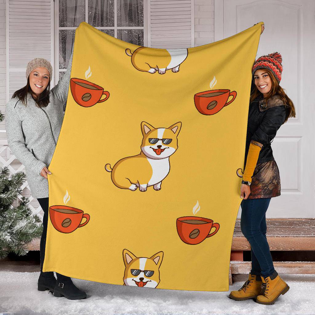 Cool Corgi Cartoon WIth Coffee Cup Premium Blanket - Top Content | POD Collection | Free Shipping