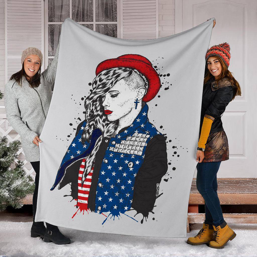 Beautiful Girl Hand Drawing USA Flag Premium Blanket - Top Content | POD Collection | Free Shipping