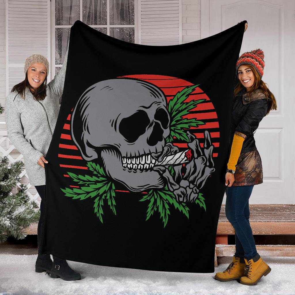 Skull Premium Blanket, Red Moon Weed Smoking Cartoon Illustration - Top Content | POD Collection | Free Shipping