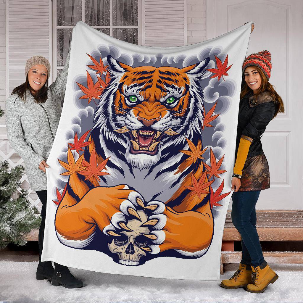 Tiger Skull Illustration Premium Blanket, Japanese Style Art - Top Content | POD Collection | Free Shipping