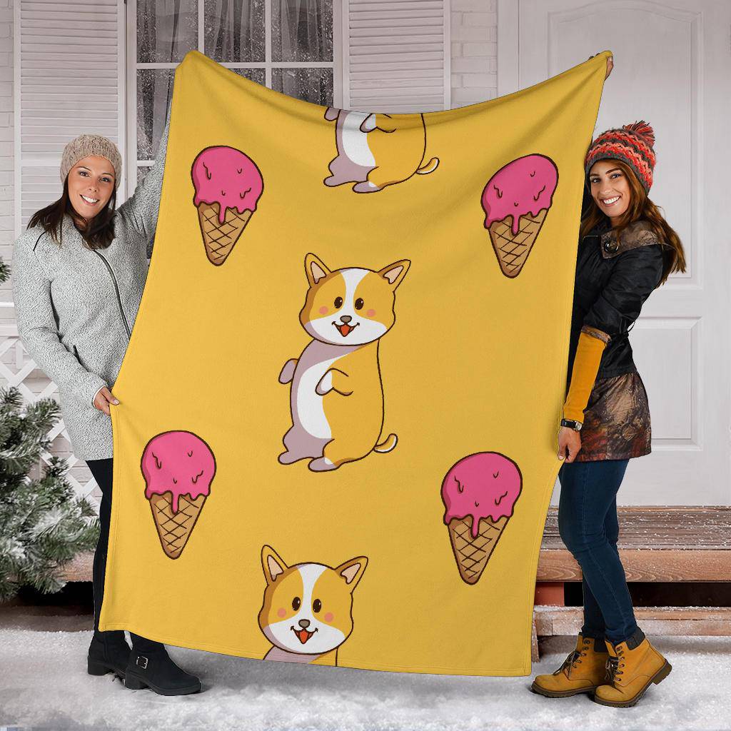 Cute Corgi With Ice Cream, Yellow Doodle Style Cartoon Premium Blanket - Top Content | POD Collection | Free Shipping