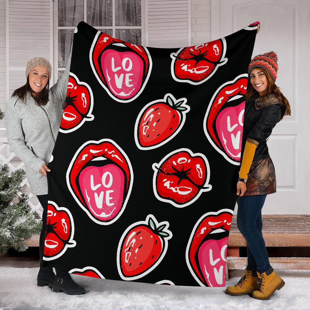 Red Lips Strawberry Kiss Love Seamless Pattern Premium Blanket - Top Content | POD Collection | Free Shipping