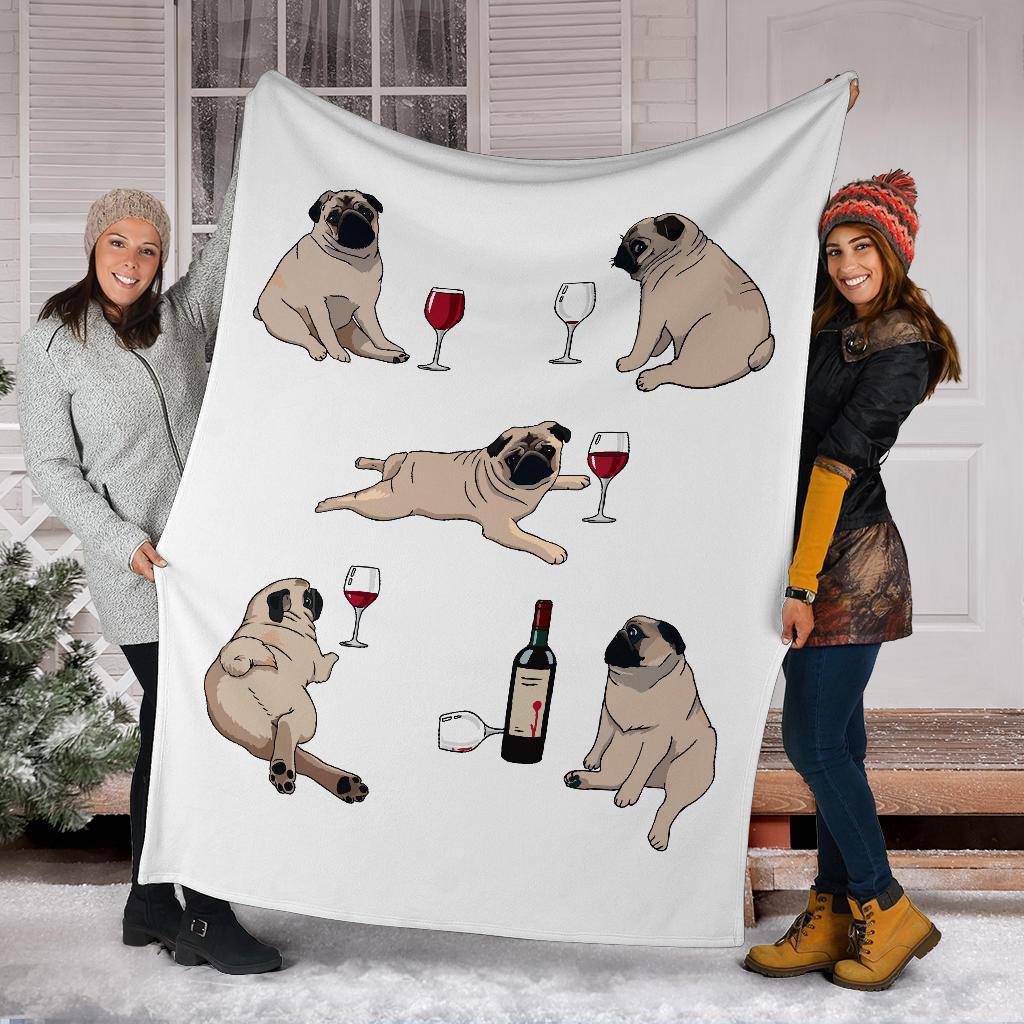 Funny Pug Posing With Bottle of Wine Cartoon Style Premium Blanket - Top Content | POD Collection | Free Shipping