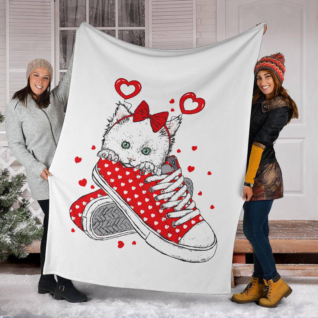 Cute Valentine Kitten In A Sneaker, Cartoon Drawing Premium Blanket - Top Content | POD Collection | Free Shipping