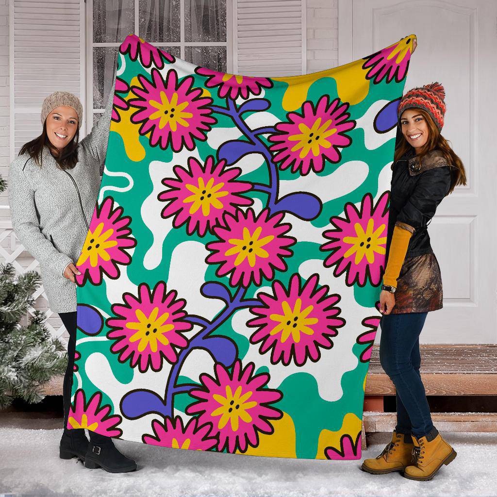 Cartoon Flowers, Colorful Floral Pattern Premium Blanket - Top Content | POD Collection | Free Shipping