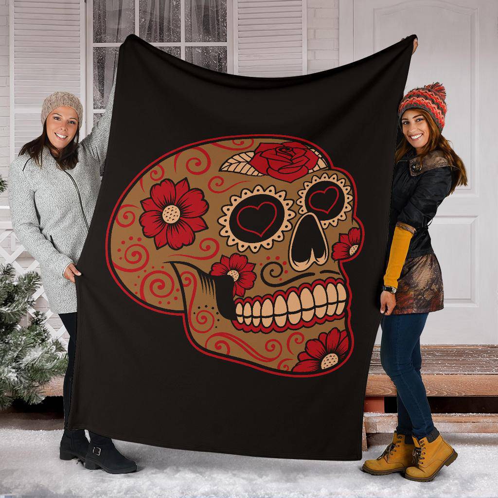 Colourful Mexican Sugar Skull, Hears Flowers Illustration Premium Blanket - Top Content | POD Collection | Free Shipping