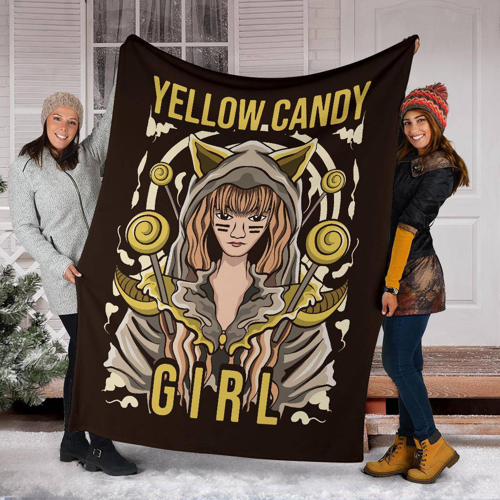 Yellow Candy Girl Premium Blanket, Cool Cat Girl Cartoon Drawing - Top Content | POD Collection | Free Shipping