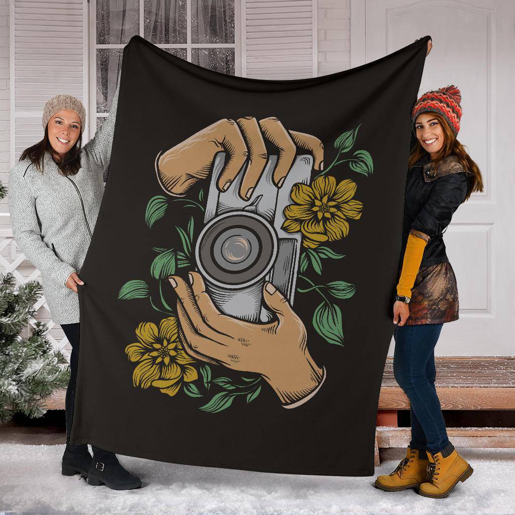 Holding Vintage Camera Cartoon Flower Illustration Premium Blanket - Top Content | POD Collection | Free Shipping