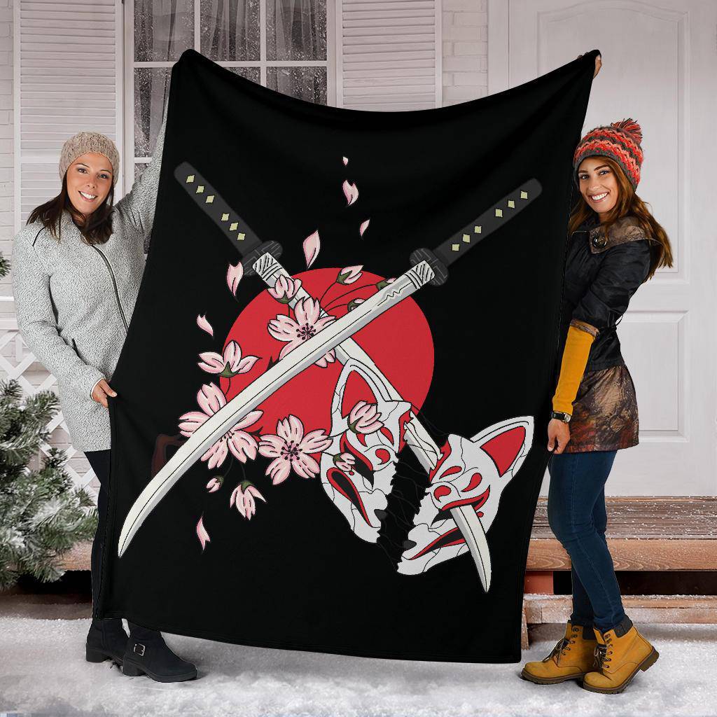 Swords Japanese Mask Kitsune Premium Blanket - Top Content | POD Collection | Free Shipping