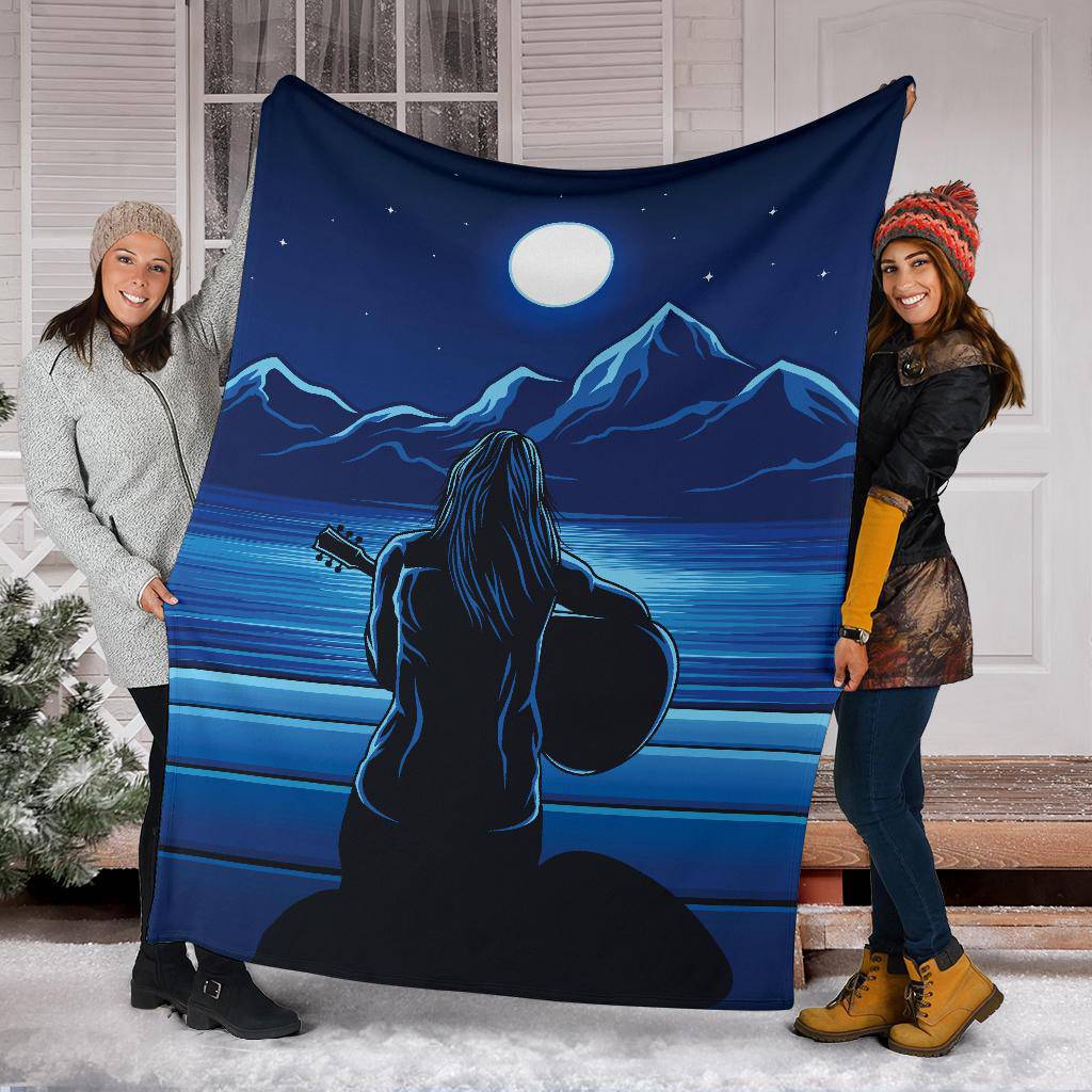 Guitarist Woman in the Moonlight, Mountain view, Sea Premium Blanket - Top Content | POD Collection | Free Shipping