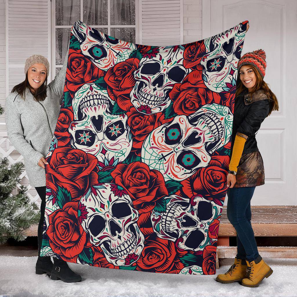 DÃ­a De Muertos Skull Roses Pattern Premium Blanket - Top Content | POD Collection | Free Shipping