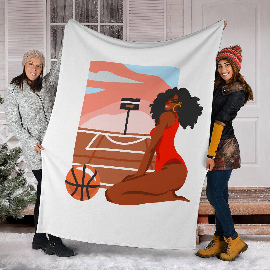 Happy Afro Woman Basketball Player, Hand Drawn Cartoon Premium Blanket - Top Content | POD Collection | Free Shipping