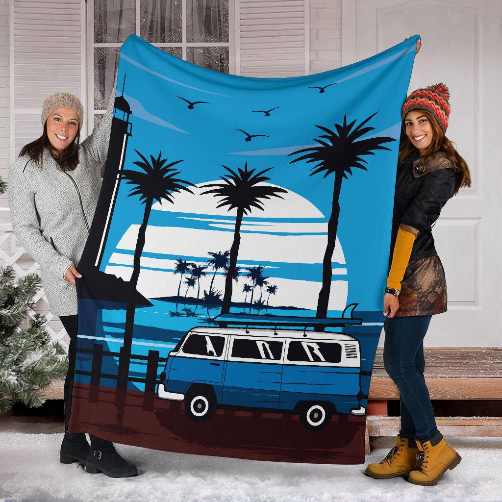 Blue Van Travel Lighthouse Cartoon Premium Blanket - Top Content | POD Collection | Free Shipping