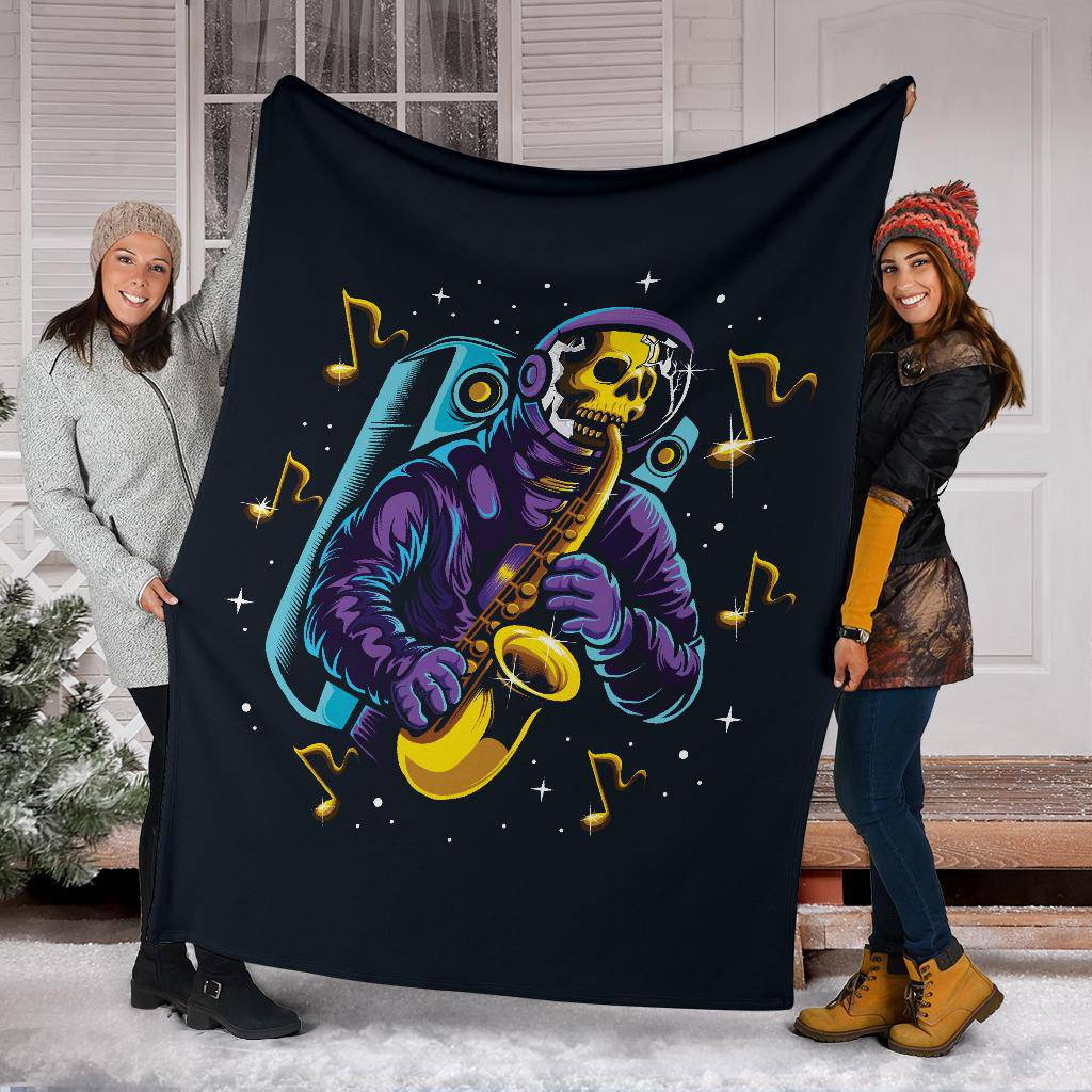 Premium Blanket Skull Astronaut Playing Saxophone Space Music Illustration - Top Content | POD Collection | Free Shipping