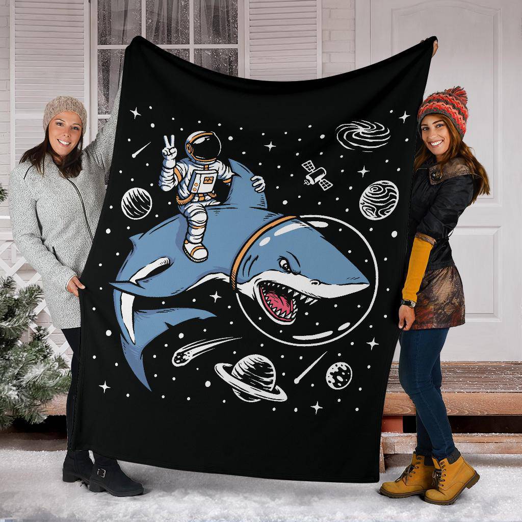 Astronaut Riding A Shark Premium Blanket, Cool Space Cartoon Drawing - Top Content | POD Collection | Free Shipping