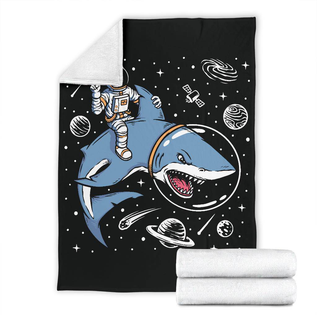 Astronaut Riding A Shark Premium Blanket, Cool Space Cartoon Drawing - Top Content | POD Collection | Free Shipping