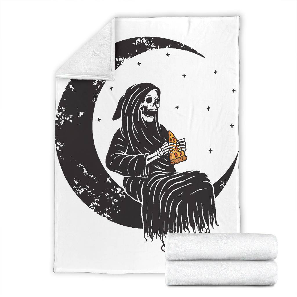 Premium Blanket Skull Moon Grim Reaper Eating Pizza Funny Cartoon - Top Content | POD Collection | Free Shipping