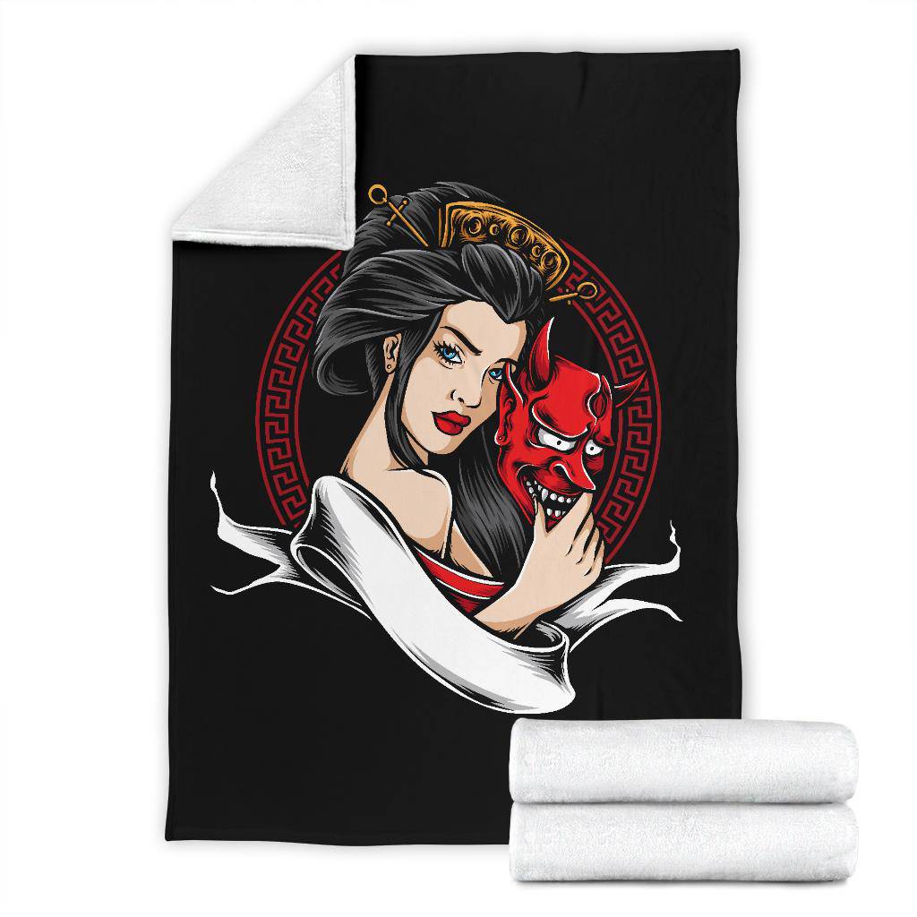 Geisha Holding Oni Mask Premium Blanket, Cool Japanese Art - Top Content | POD Collection | Free Shipping