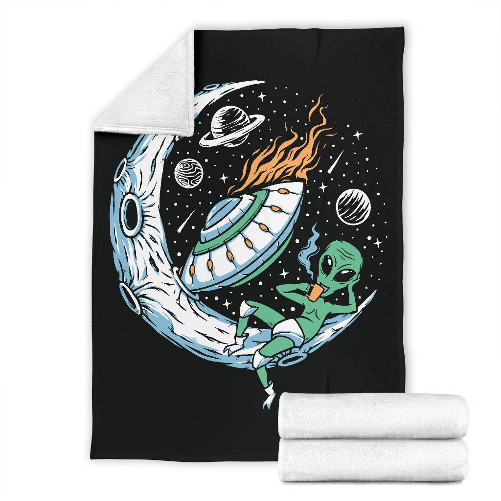 Alien Drinking Coffee On The Moon Premium Blanket, Cool Space Cartoon Drawing - Top Content | POD Collection | Free Shipping