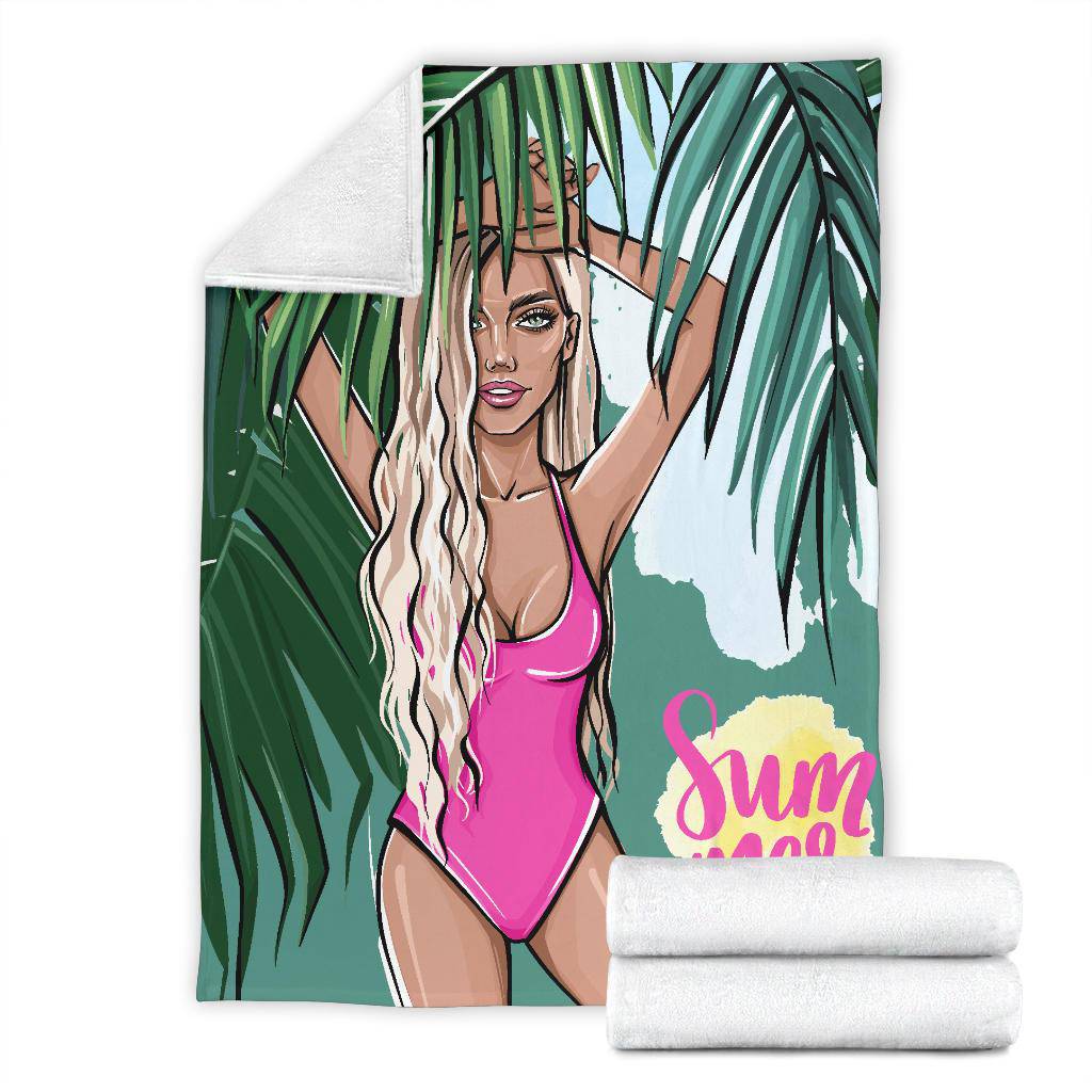 Summer Blonde Girl Premium Blanket, Beach Vibes, Palm Leaves Cartoon - Top Content | POD Collection | Free Shipping