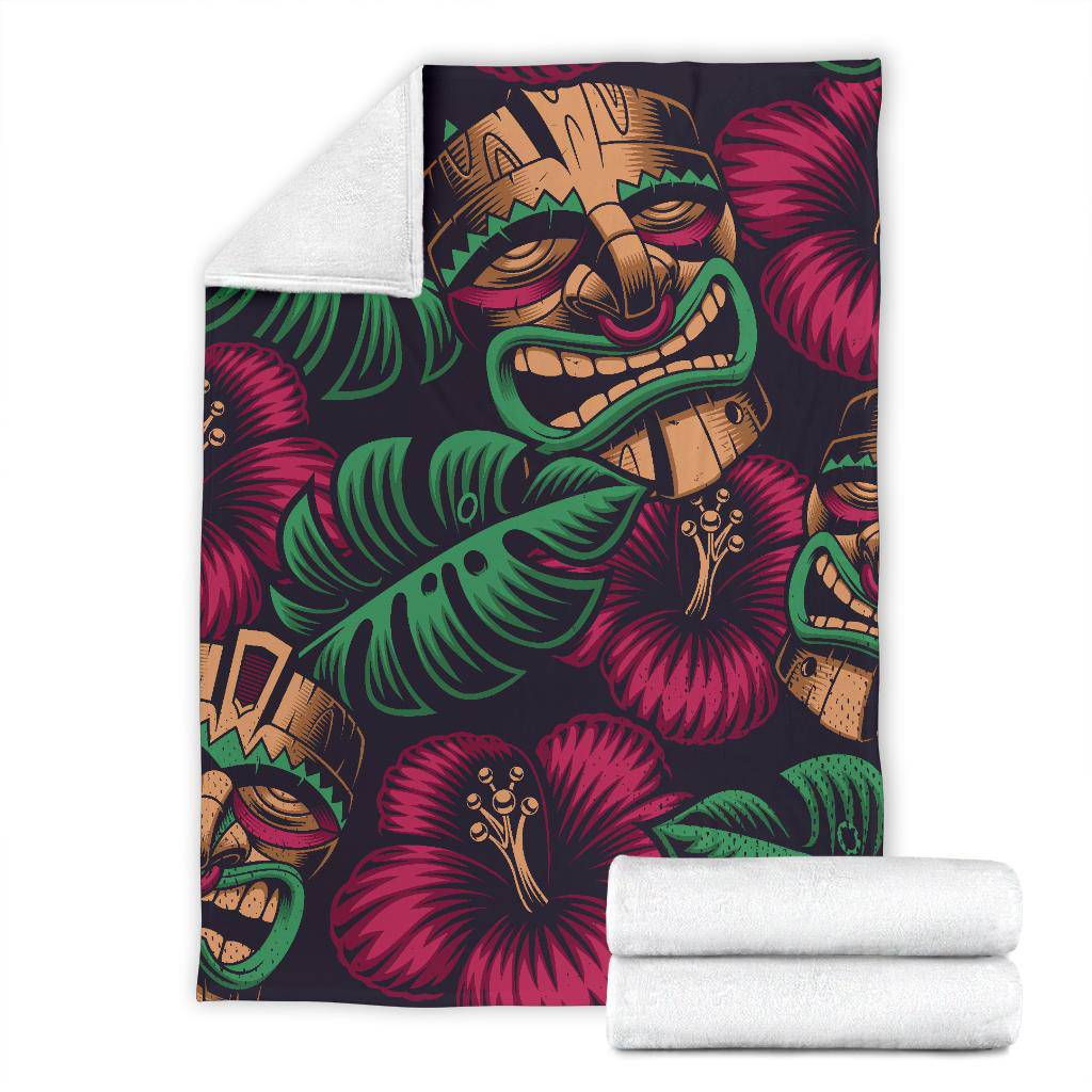 Tiki Mask Polynesia Style Tropical Flowers Premium Blanket - Top Content | POD Collection | Free Shipping