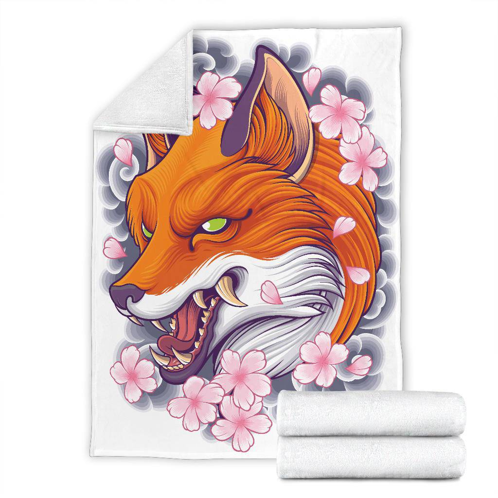 Angry Fox Head with Japanese Flowers Premium Blanket - Top Content | POD Collection | Free Shipping