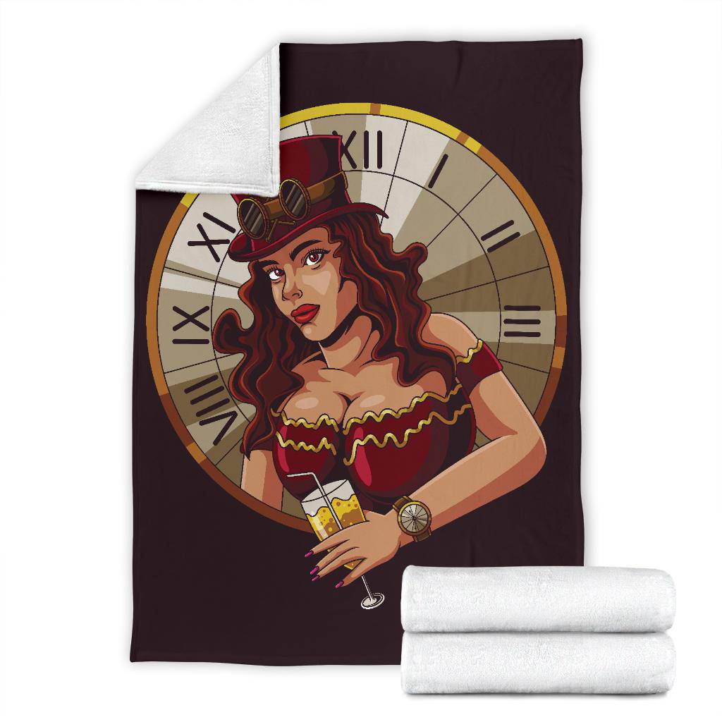 Premium Blanket Steampunk Girl Clock Illustration Cartoon - Top Content | POD Collection | Free Shipping