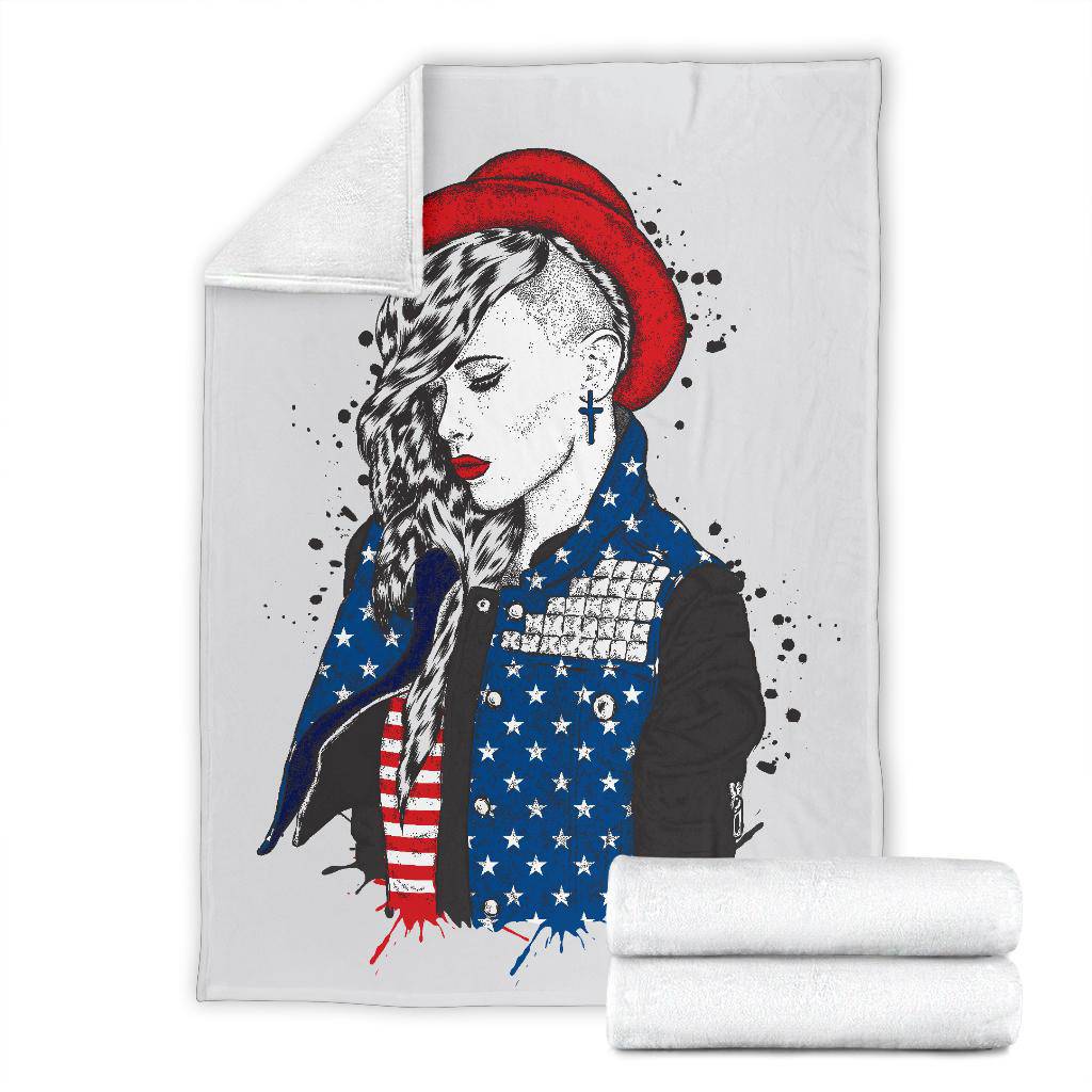 Beautiful Girl Hand Drawing USA Flag Premium Blanket - Top Content | POD Collection | Free Shipping