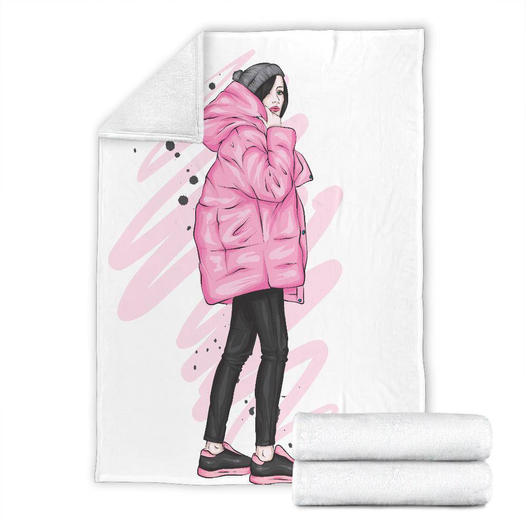 Stylish Pink Winter Girl Cartoon Premium Blanket - Top Content | POD Collection | Free Shipping