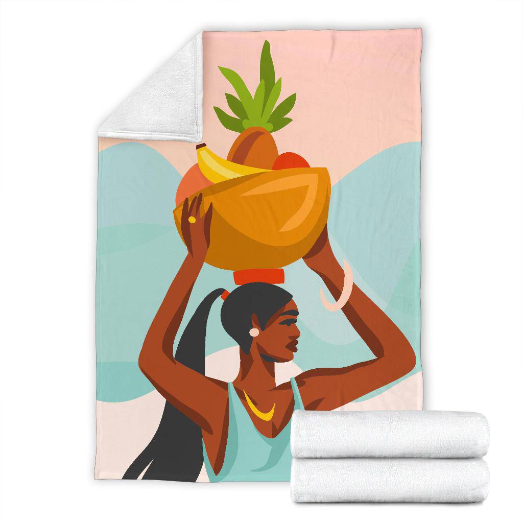 Young Female Carries Basket with Fruits on her Head, Hand Drawn Premium Blanket - Top Content | POD Collection | Free Shipping