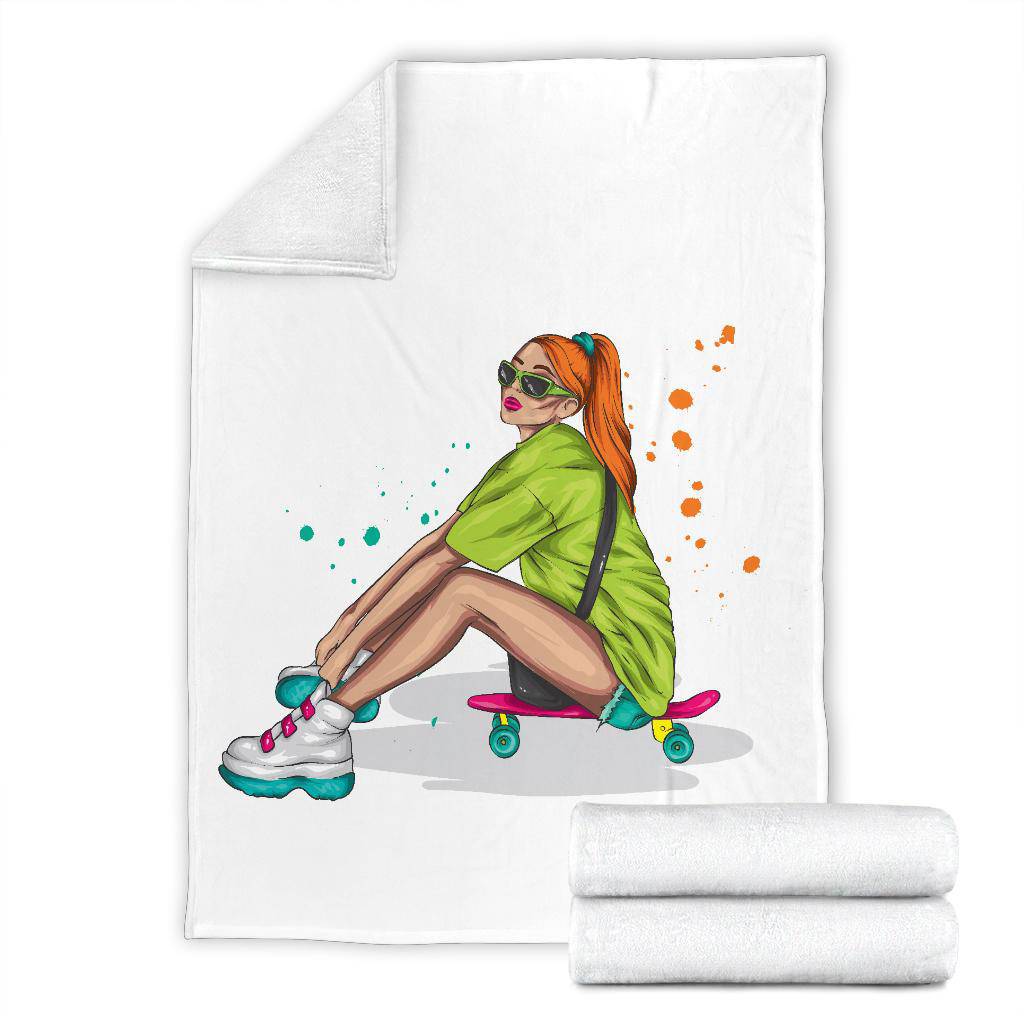 Premium Blanket Stylish Beautiful Girl With Skateboard Illustration - Top Content | POD Collection | Free Shipping