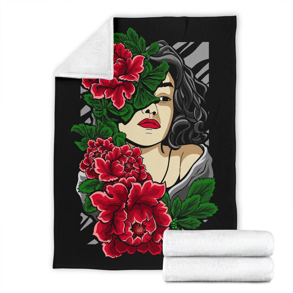 Beautiful Red Flower Women Cartoon Drawing Premium Blanket - Top Content | POD Collection | Free Shipping