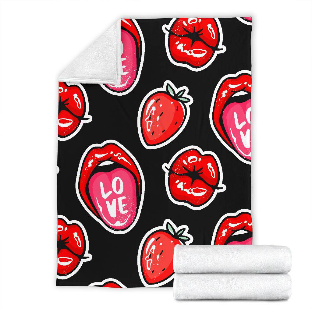 Red Lips Strawberry Kiss Love Seamless Pattern Premium Blanket - Top Content | POD Collection | Free Shipping