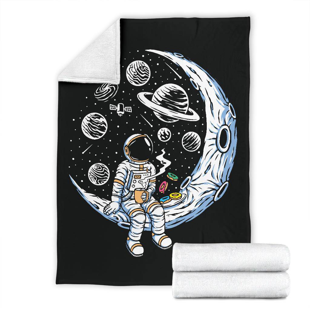 Premium Blanket Moon Astronaut Drinking Coffee And Eating Doughnuts - Top Content | POD Collection | Free Shipping