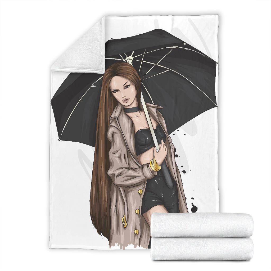 Premium Blanket Stylish Brunette Girl With Umbrella Cartoon - Top Content | POD Collection | Free Shipping