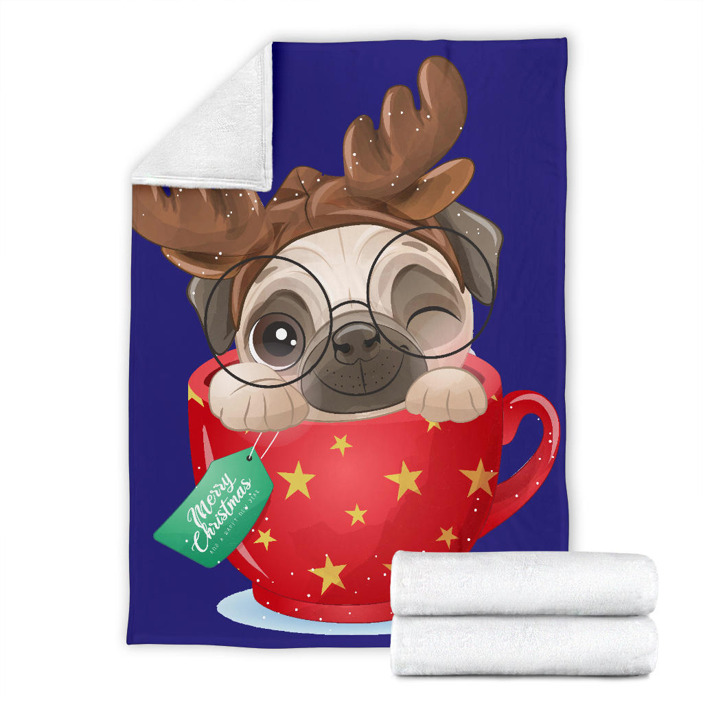 cute doodle pug christmas day blue blanket - Top Content | POD Collection | Free Shipping