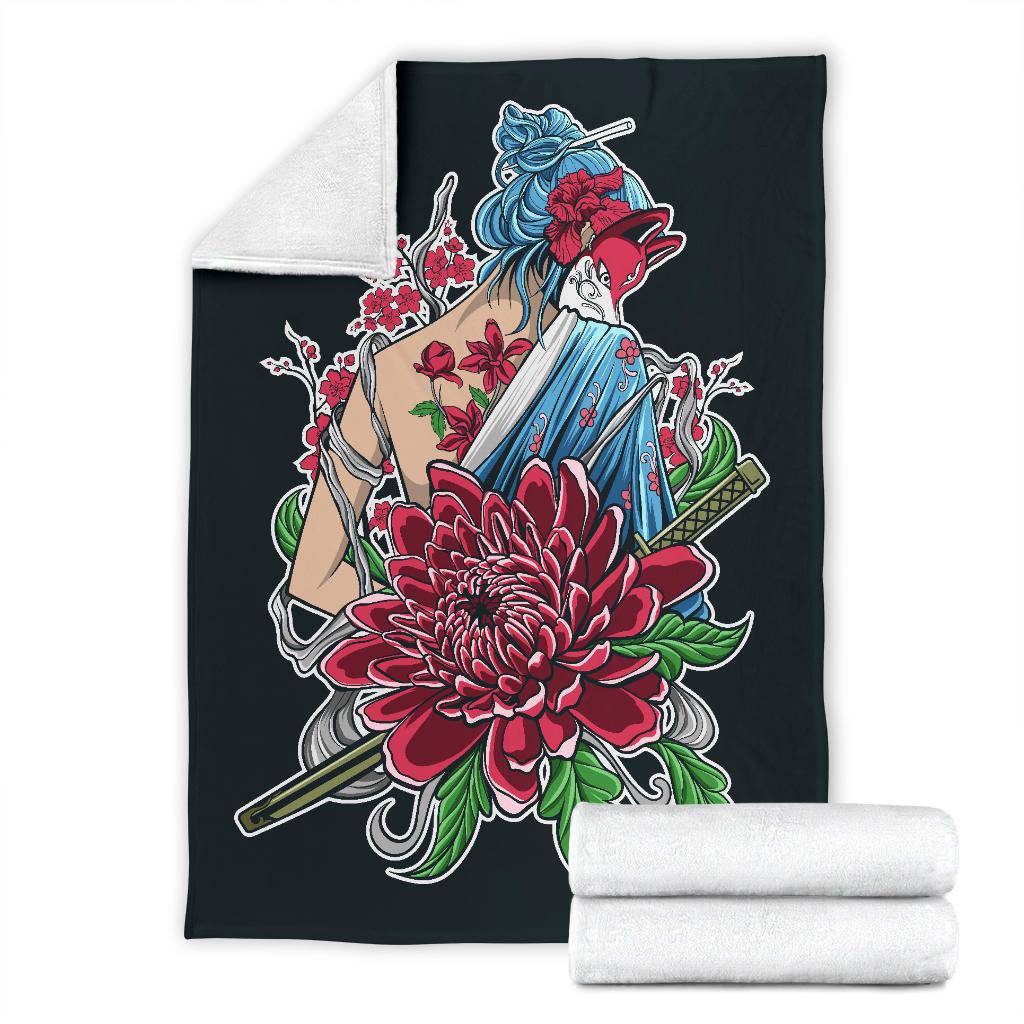 Japanese Samurai Girl With Flower Ornament Drawing Premium Blanket - Top Content | POD Collection | Free Shipping