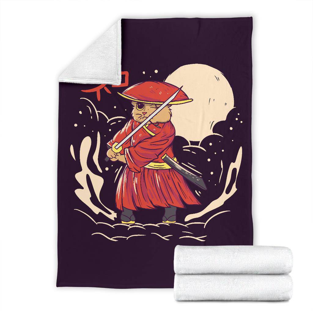 Samurai Japanese Cat Premium Blanket, Cool Cartoon Drawing - Top Content | POD Collection | Free Shipping