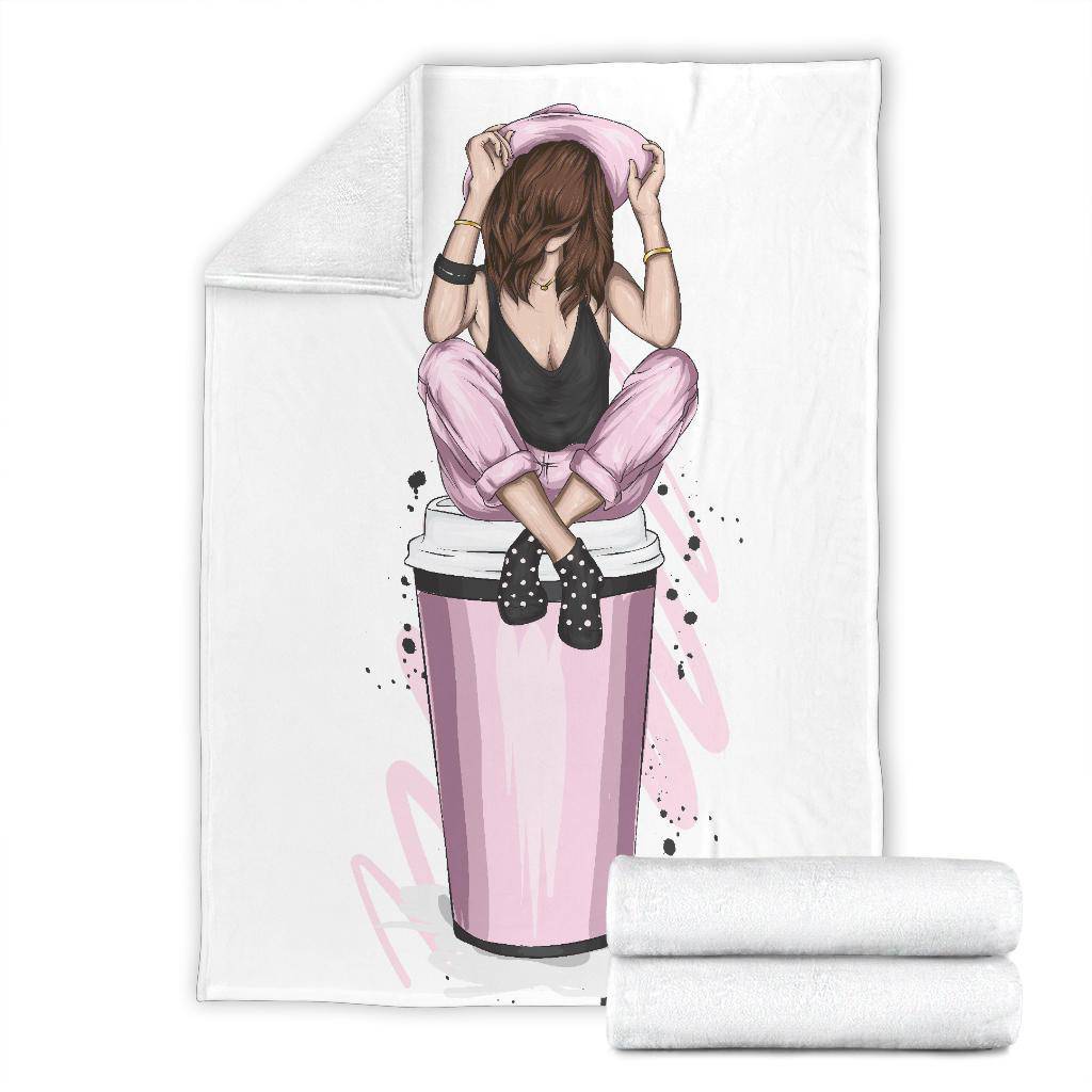 Girl with Stylish Pink Clothes and a Cup of Coffee Premium Blanket - Top Content | POD Collection | Free Shipping