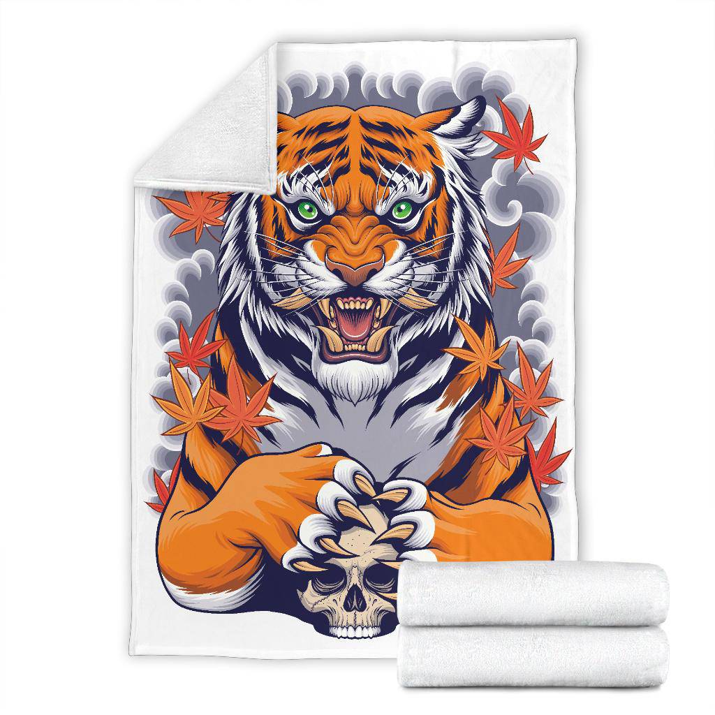 Tiger Skull Illustration Premium Blanket, Japanese Style Art - Top Content | POD Collection | Free Shipping