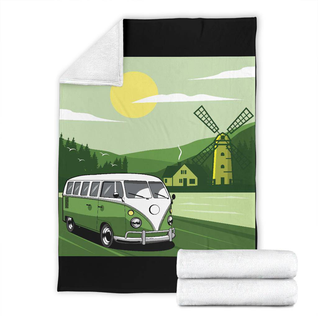 Green Van Windmill Cartoon Premium Blanket - Top Content | POD Collection | Free Shipping