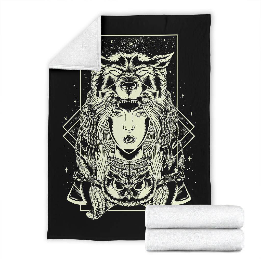 Hand Drawing Chief Women Wolf Head Illustration Premium Blanket - Top Content | POD Collection | Free Shipping