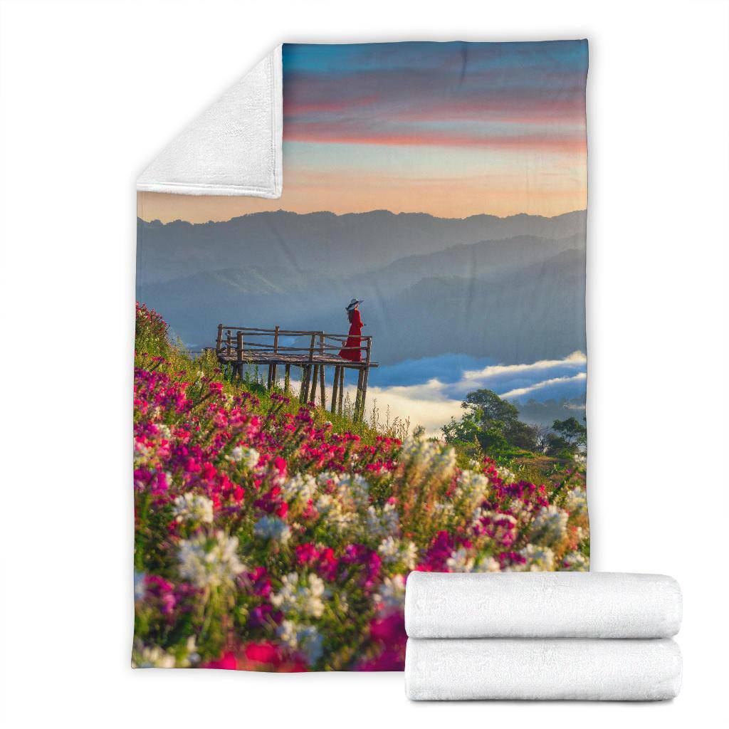 Girl Colourful Flower Field Nature Premium Blanket - Top Content | POD Collection | Free Shipping