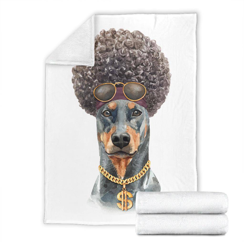 Funny Afro Doberman Premium Blanket, Watercolour Dog Portrait Drawing - Top Content | POD Collection | Free Shipping